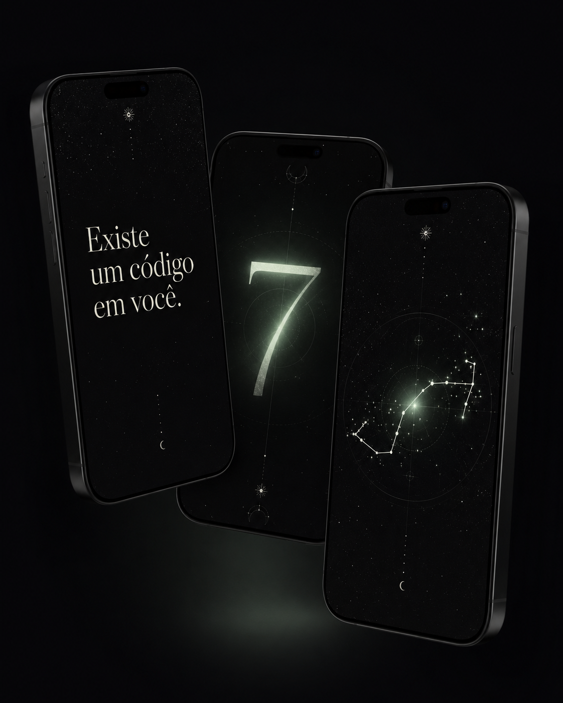 Três telas de celular flutuando mostrando a experiência do Código da Vida com tipografia serifada e brilho verde-menta